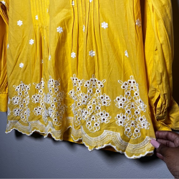 American Sweetheart Women Top Medium Yellow Eyelet Henley Prairie Cottagecore - Picture 5 of 8